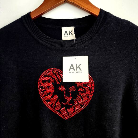 Anne Klein Black with Heart Lion Red Rhinestone Crystal Sweater Size XS - Picture 3 of 4